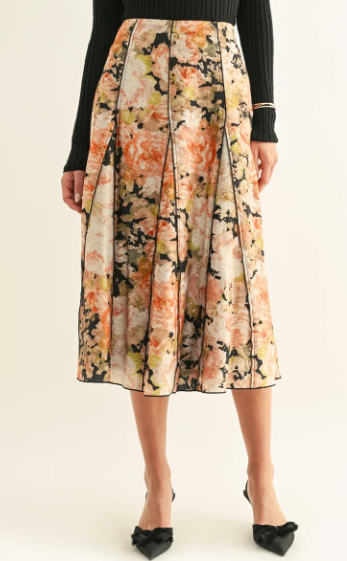 Amora Contrast Stitched Godet Midi Skirt- Black Multi