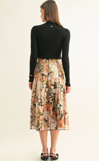 Amora Contrast Stitched Godet Midi Skirt- Black Multi