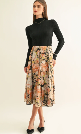 Amora Contrast Stitched Godet Midi Skirt- Black Multi