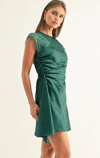 Jordyn Asymmetric Hem Rushed Mini Dress- Dark Teal