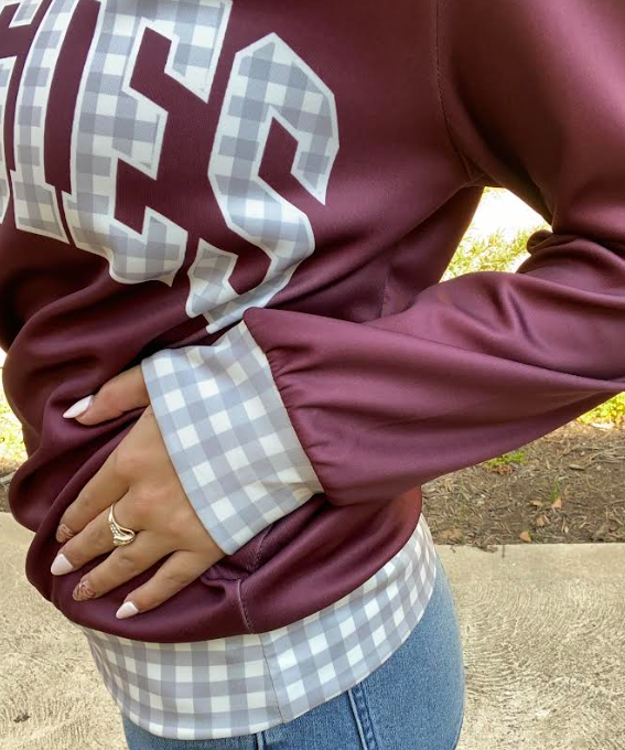 Aggie Gingham Mock Neck- Maroon/Grey