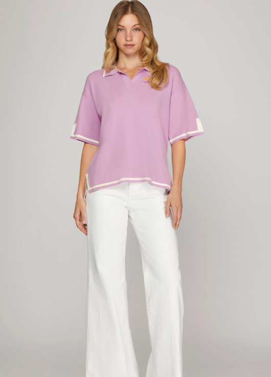 Tay Collared Sweater Top- Lilac - S