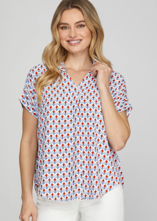 Charly Drop Shoulder Collared V-Neck Print Top- Red - L