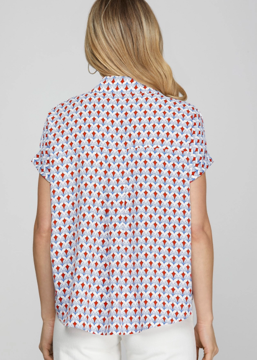 Charly Drop Shoulder Collared V-Neck Print Top- Red - S