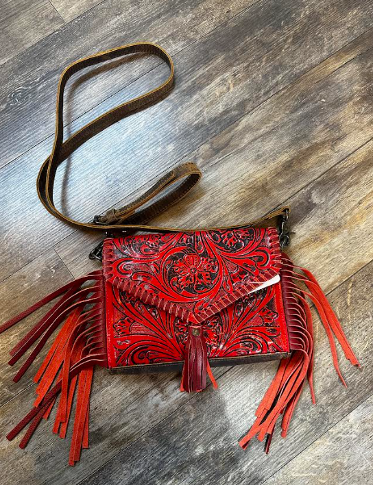 Fringe Tooled Purse- Red