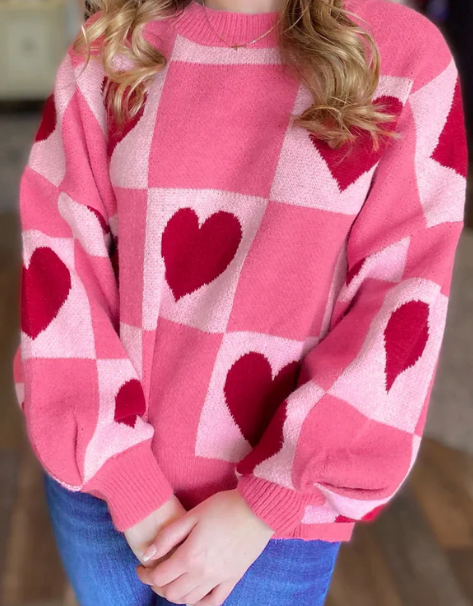 Pink Love Heart Checkered Sweater - M