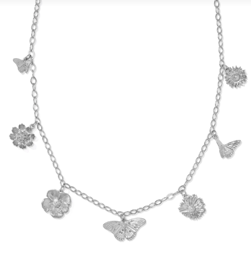 Cailey Butterfly & Wildflower Charm Necklace - Vintage Silver