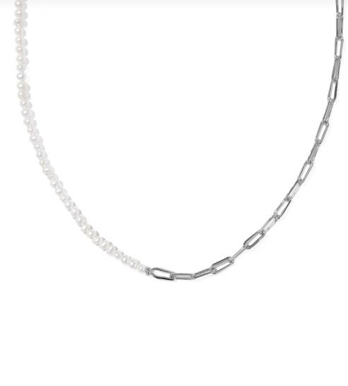 Markie Silver Half Chain & Freshwater Pearl Paperclip Necklace