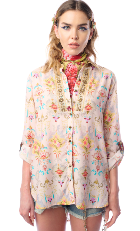 Earth Angels Peacock Embroidered Luxury Blouse - Beige - Xl