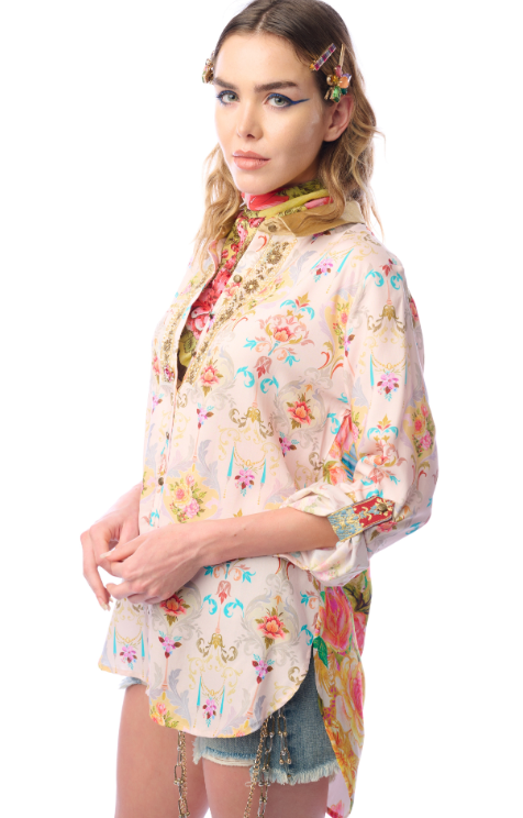 Earth Angels Peacock Embroidered Luxury Blouse - Beige