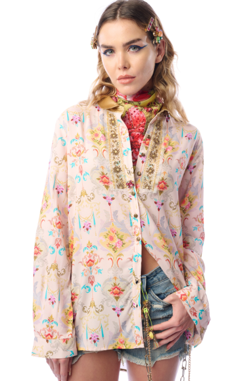 Earth Angels Peacock Embroidered Luxury Blouse - Beige
