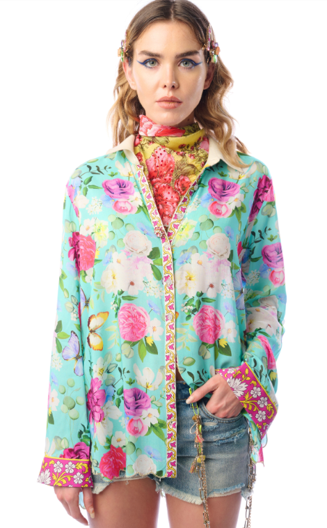 Serenity Springs Teal Floral Button-Down Luxury Blouse - L