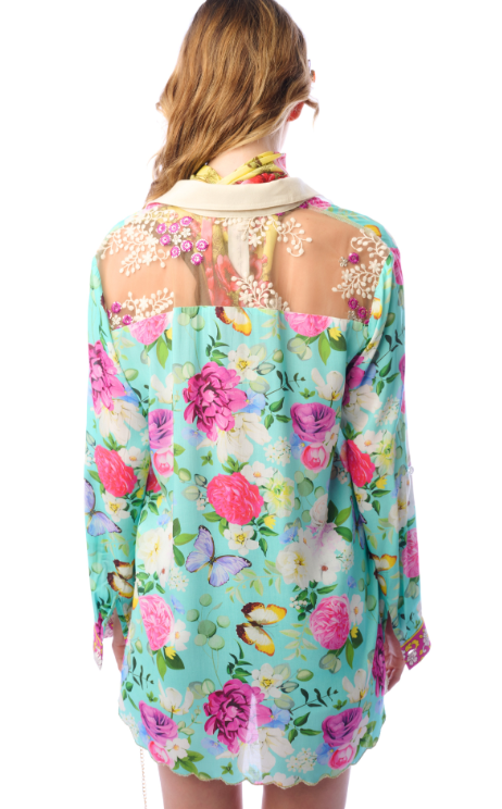 Serenity Springs Teal Floral Button-Down Luxury Blouse