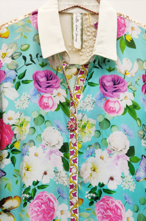 Serenity Springs Teal Floral Button-Down Luxury Blouse