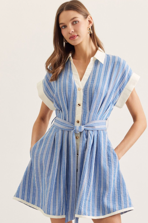 Angel Striped Collared Dress- Lt. Blue - S