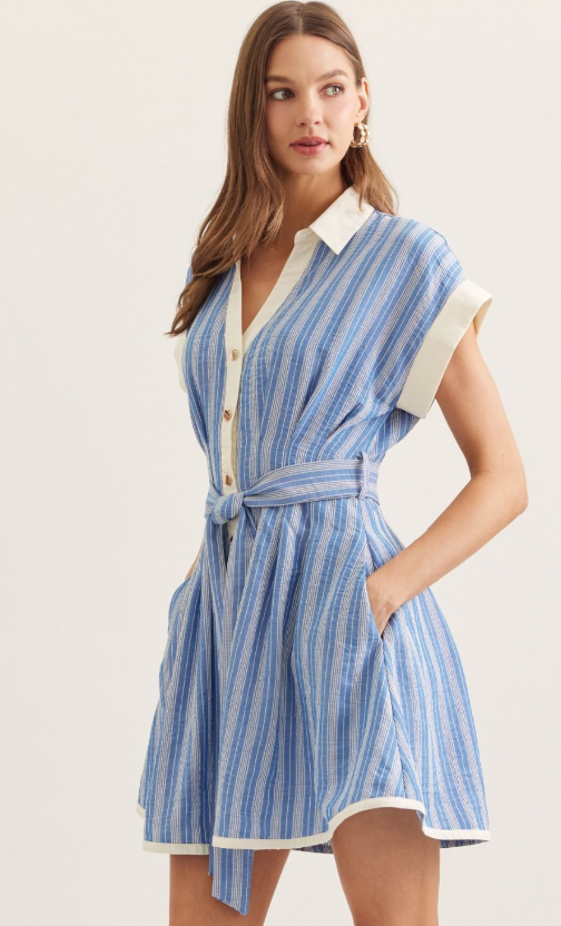 Angel Striped Collared Dress- Lt. Blue - S