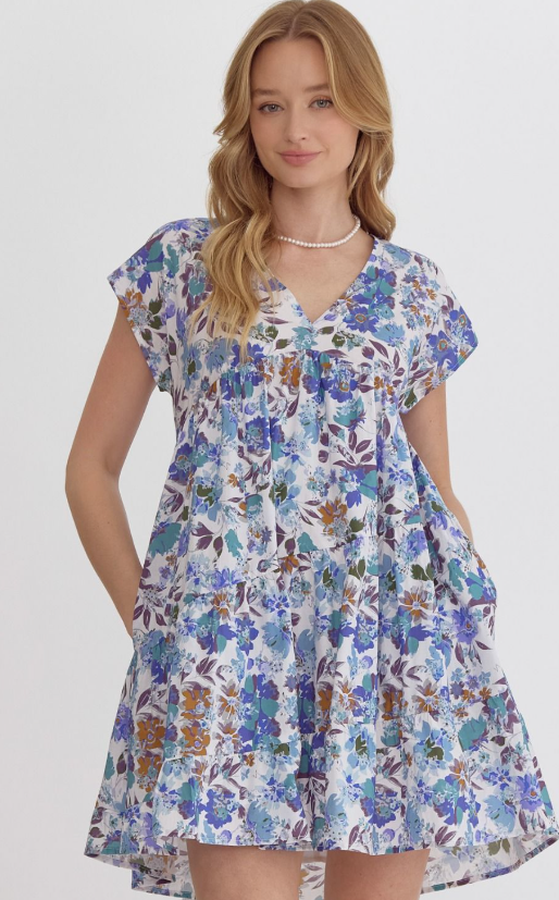 Sael Floral V-Neck Dress- Blueberry