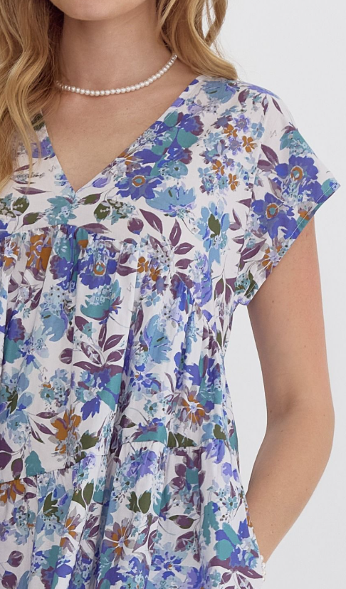 Sael Floral V-Neck Dress- Blueberry - S
