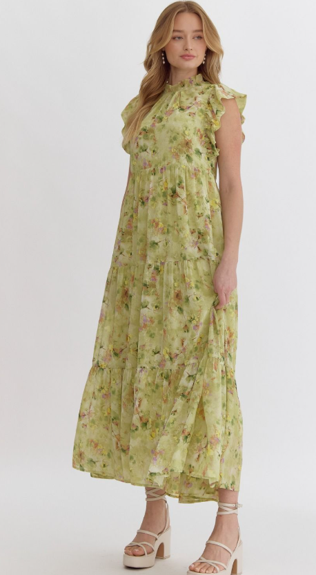 Cami Floral High Neck Dress- Lime - S
