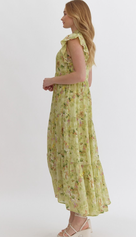 Cami Floral High Neck Dress- Lime - S