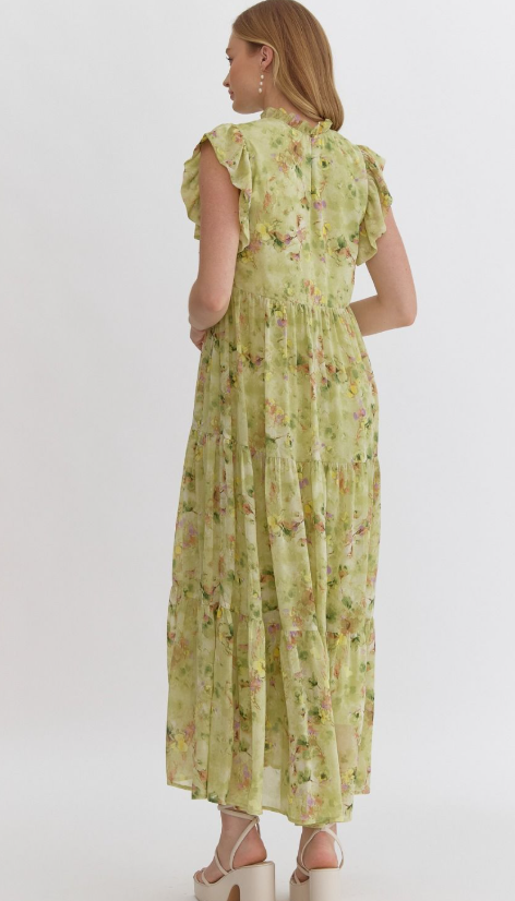 Cami Floral High Neck Dress- Lime