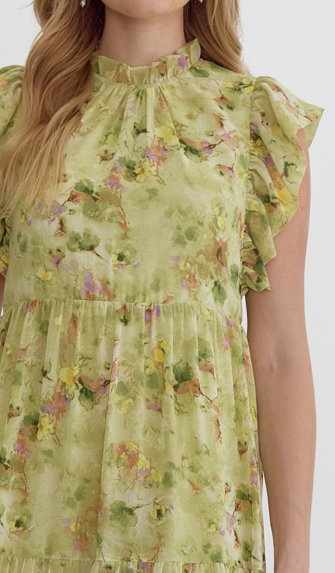 Cami Floral High Neck Dress- Lime