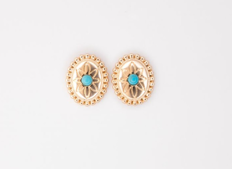 .75" Gold Oval Flower Concho Post Earring With Turquoise Accent