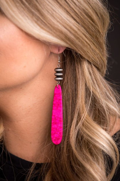 4" Pink Slab Earring On Fishhook With Faux Navajo Pearl Disc Accent