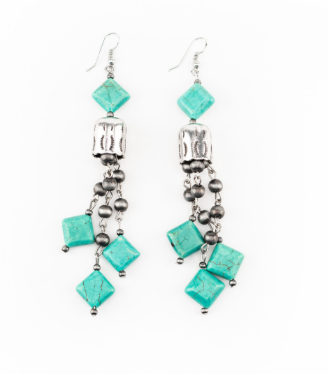 Faux Navajo Pearl and Turquoise Diamond Tassel Earring on Fishook