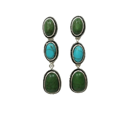 3" Burnished Silver Turquoise And Green 3 Tier Post Earrings