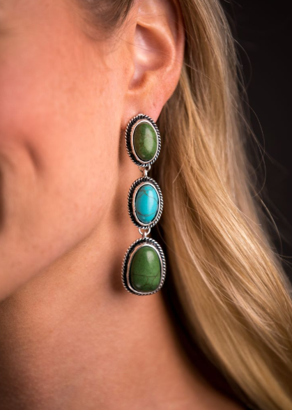 3" Burnished Silver Turquoise And Green 3 Tier Post Earrings