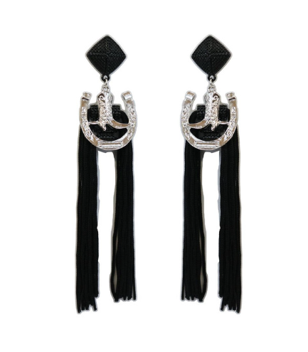 5.5" Black Tassel Post Earring With Silver Horseshoe Accent