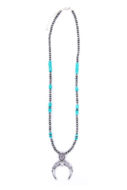 28" Turquoise And Faux Navajo Pearl Necklace With Naja Pendant