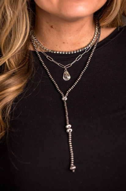 14"16"18" W/5" Tail Burnished Silver Layered Necklace With Cowboy Hat Pendant And Faux Navajo Pearl Y