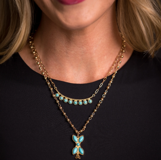 16" Dotted Bar 18" Gold Beaded Chain With Turquoise Blossom Pendant Layered Necklace