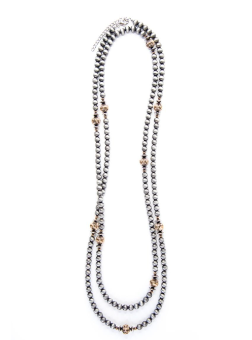 66" Two Toned Faux Navajo Pearl Beaded Necklace With Melon Bead Accents