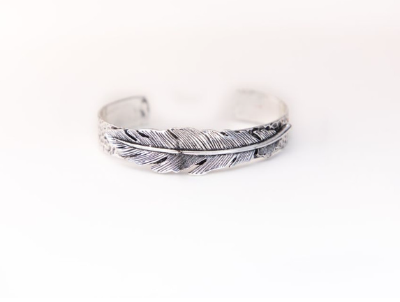 18K White Gold Plated Stamped Cu With Feather Accent