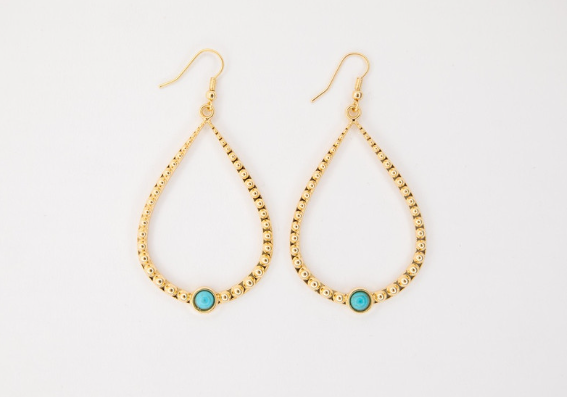 2.25" 18K Gold Plated Hammered Teardrop Earring On Fishook With Turquoise Accent