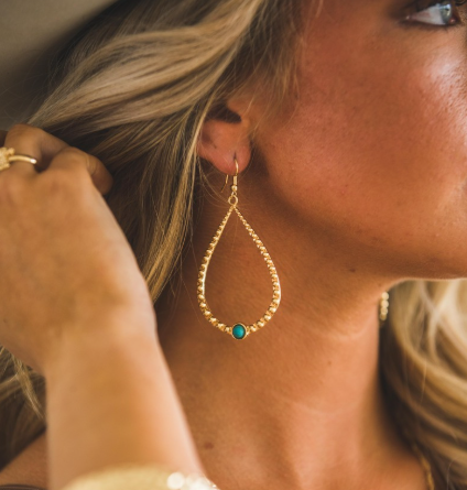 2.25" 18K Gold Plated Hammered Teardrop Earring On Fishook With Turquoise Accent
