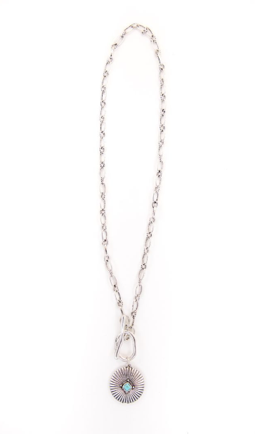 18" White Gold Chain Necklace With Burst Concho Pendant With Turquoise Accent And Toggler Closure