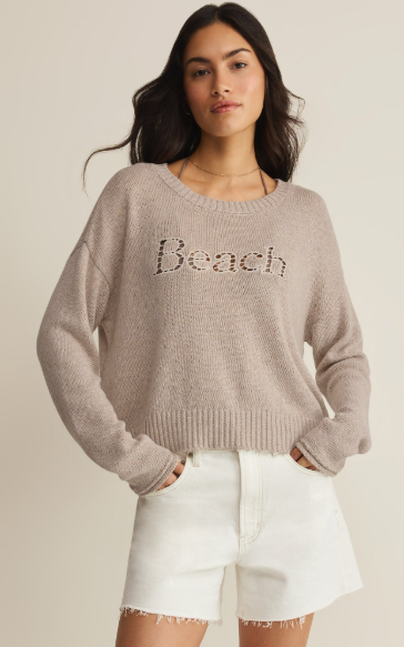 Beach Embroidered Sweater- Natural Heather