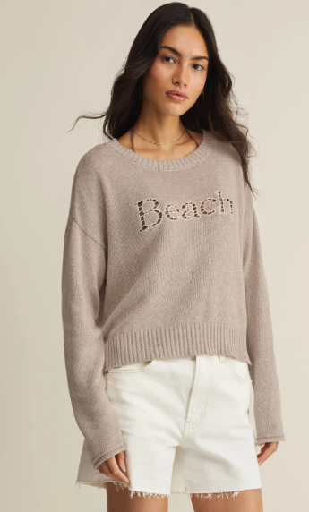 Beach Embroidered Sweater- Natural Heather