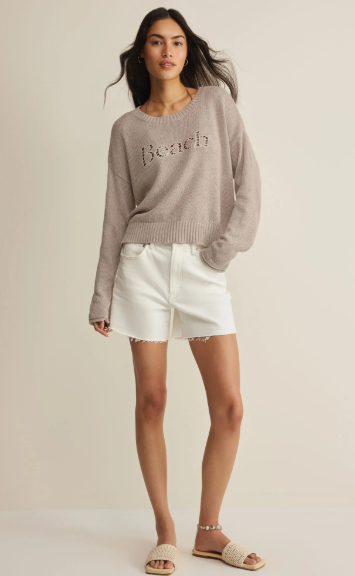 Beach Embroidered Sweater- Natural Heather