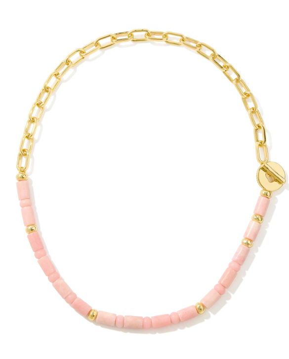 Lindsey Bead Half Chain Necklace Gold Lt Pink Quartzite
