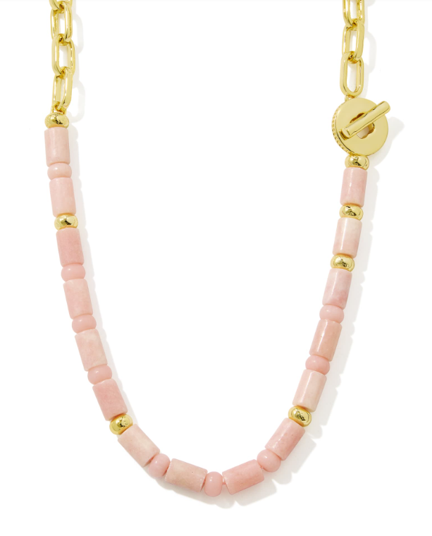 Lindsey Bead Half Chain Necklace Gold Lt Pink Quartzite