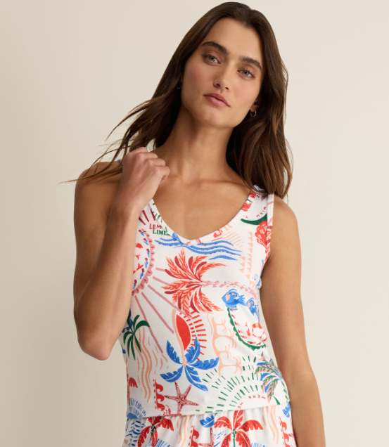 Double V Neck Getaway Tank- White - XS