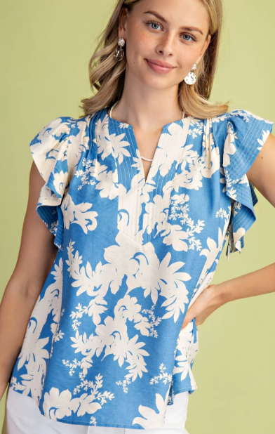 Aria V-Neck Floral Top- Denim Blue Mix - L