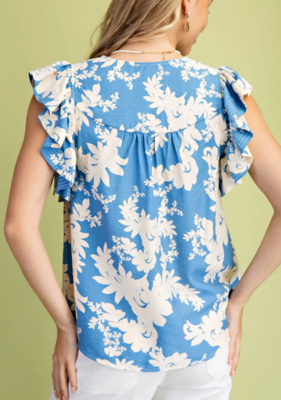 Aria V-Neck Floral Top- Denim Blue Mix