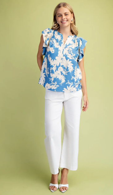 Aria V-Neck Floral Top- Denim Blue Mix - S