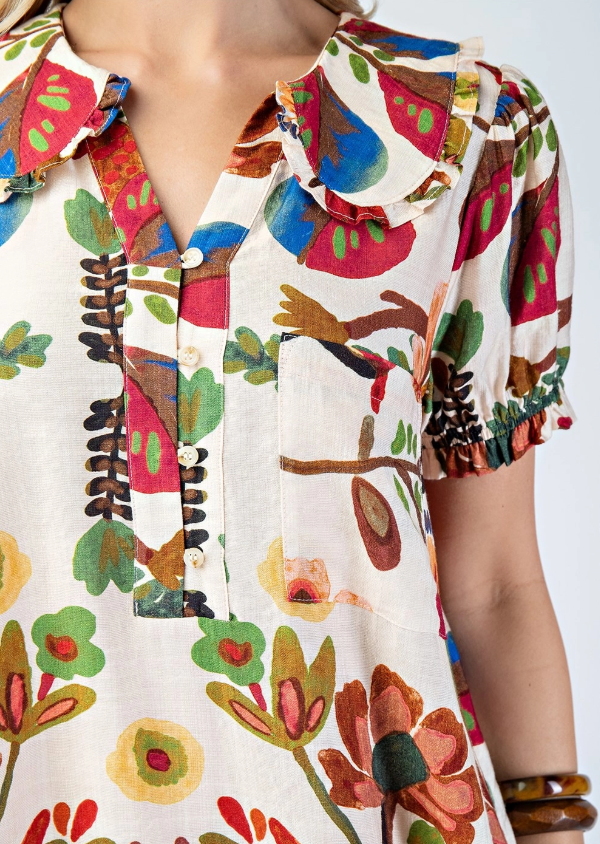 Mabel Collar Button Down Dress- Brown Multi - S